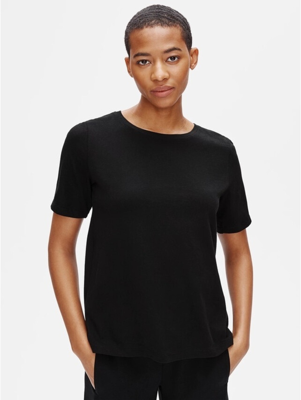 Eileen Fisher Petite PM Black Organic Cotton Crew Neck Elbow Sleeve Tee Top